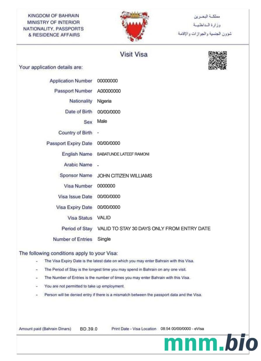 E-visa do Bahrajnu w pełni edytowalna PSD